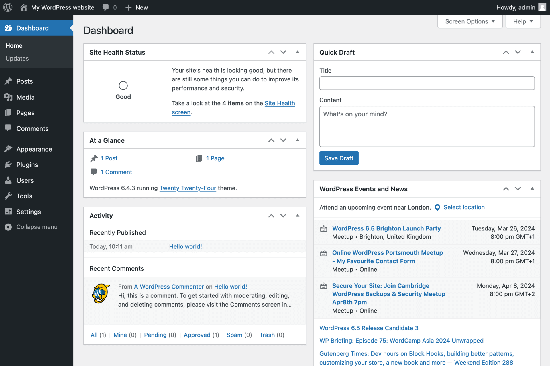 The WordPress admin dashboard, with Posts, Media, Pages, Plugins and Settings in the left menu